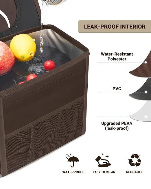 Car Trash Can with Lid, Leakproof Car Trash Bag Hanging Waterproof Automotive Garbage Can with Storage Pockets Mini Vehicle Trash Bin for Back/Front Seat(Brown,2.5 Gallon)