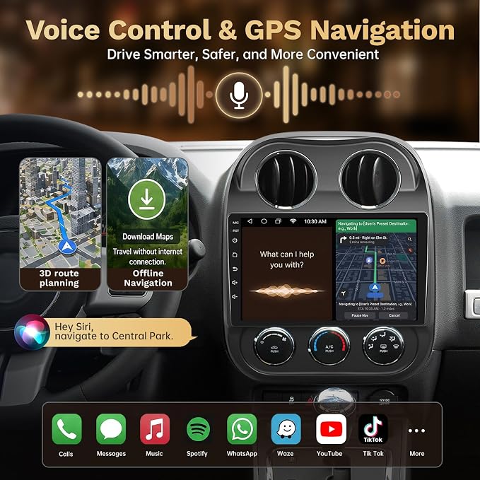 8Core Car Radio Stereo for Jeep Compass Patriot 2010-2016:10" Upgrade 5G WiFi 1280 * 800 Touchscreen Head Unit Wireless Carplay/Android Auto/1080P Backup Camera/GPS/FM/SWC/Mirror Link