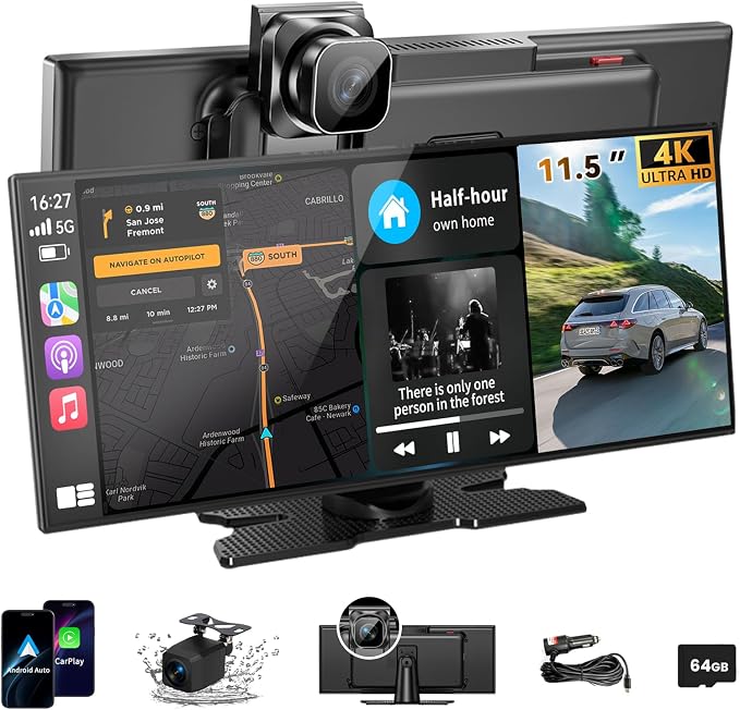 Largest 11.5 inch Wireless CarPlay Screen for Car, A-pple CarPlay & Android Auto HD Touchscreen with 4K Dash Cam/1080P Backup Camera/Navigation/Bluetooth/Voice Control/FM/Mirror Link,for All Vehicles