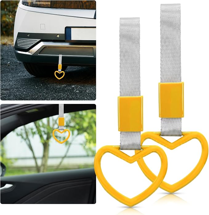 2 Pcs Heart Shaped Car Handle Strap – JD M Drift Charm Rear Bumper Warning Ring Decor for Car Interior Exterior, Subway Bus Handle Accessory, Cute Heart Car Decor Gift for Drivers (Yellow-Silver)