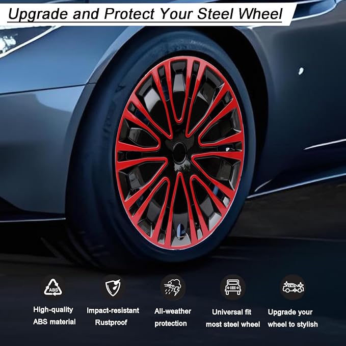 Hubcap Wheel Cover Replacement R15 Hub Caps Universal-Fit Steel Wheel Rim Cover ABS Material Exterior Accessories for Car Truck SUV -Set of 4（15-inch，Red-Black）