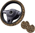 Leopard Pattern Steering Wheel Cover - Cheetah Pattern Steering Wheel Cover Anti-Slip Breathable 15 Inch Universal 2 Pcs Car Interior Cup Holder Pad for Men Women