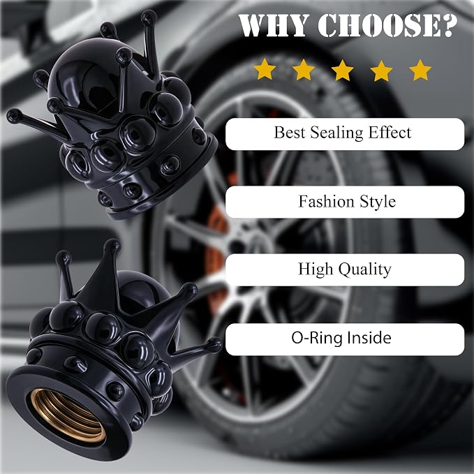 4PCS Crown Bling Tire Stem Valve Caps, Crystal Diamond Tire Air Cap Set Universal Copper Core Stem Covers for Cars, SUV, Trucks, Bikes, Motorcycles, Bicycles (Black & Black)
