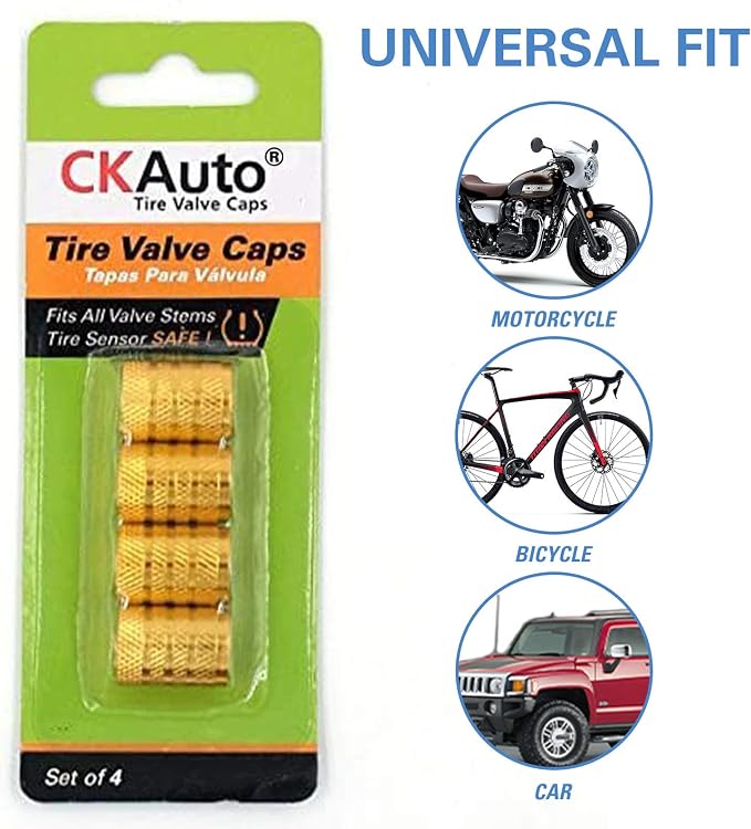 Tire Valve Stem Caps, Golden Yellow, 4 pcs/Pack | Anodized Aluminum Tire Valve Cap Set, Corrosion Resistant, Universal Stem Covers for Cars Trucks Motorcycles SUVs and Bikes