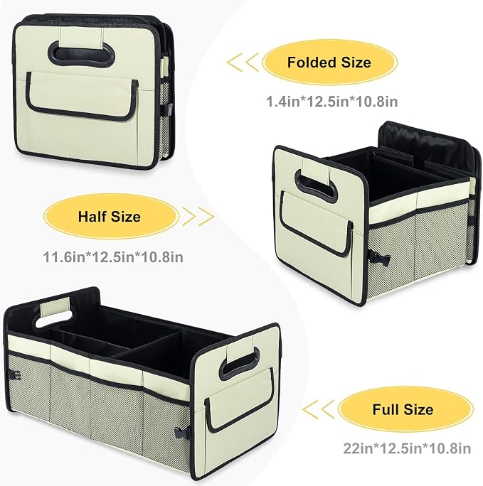 Car Trunk Organizer, Car Organizers and Storage Collapsible Multi Compartment Container Box, Adjustable Car Accessories for SUV Sedan Truck, Standard Size, Light Green