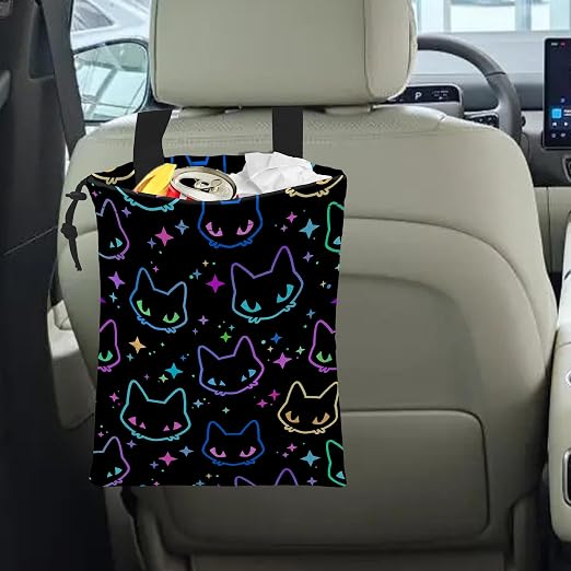 Car Trash Bag Colorful Neon Cat Heads Car Garbage Bag Hanging Car Trash Can for Back Seat with Drawstring, Waterproof Garbage Bags for Accessories Vehicle Travelling Camping Outdoor