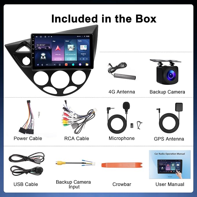 8Core 4G+64G Car Radio for Ford Focus 1998-2006: Upgrade Android 15 9" 1280 * 720P Touch Screen Stereo Head Unit CarPlay Android Auto, BT, WiFi 6, GPS, AM, FM, RDS, 36EQ, SWC, 1080P Backup Camera