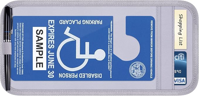 Handicap Placard Holder for Auto, Disabled Parking Permit Sign Protector for Car Sun Visor with Note Paper Slot, Pen Holder and Elastic Strap - Gray