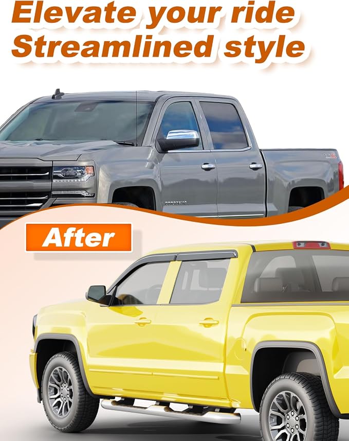 Extra-Thick Window Rain Guards Fit for Chevy Silverado/GMC Sierra 2014-2019 Crew Cab Rain Guard Truck Window Deflectors Side Window Visors Vent Shades Tape-on Vent Visors Car Accessories