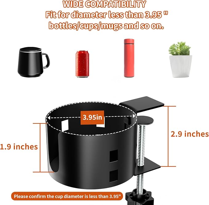 Upgraded Large Desk Cup Holder Clamp, Anti-Spill Table Cup Holder, Metal Office & PC Gaming Desk Accessories, Compatible with Universal Cup, Bottles, Pencil Holder (Black)