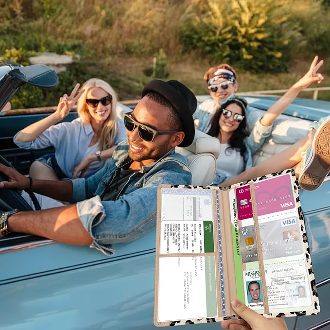 Car Registration and Insurance Holder, with Magnetic Closure for License, Cards and Documents, All Vehicle Needs and Car Accessories (Leopard-Yellow)
