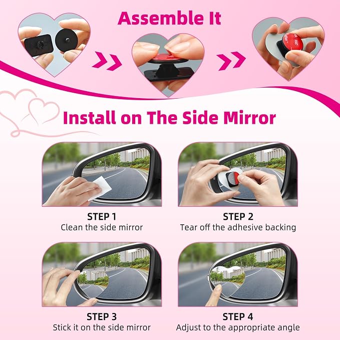 Heart Shaped Blind Spot Mirrors for Car 2 Pack - HD Glass Frameless, Adjustable Angle Wide View Convex Mirror Stick to Side Mirror Blindspot, Cute Girly Heart Car Accessories for Women