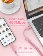 Pink Coiled Car Charging Cable 2-in-1 (USB-C & Lightning), 3FT Cute Car Accessories for iPhone 17/16/15, Samsung Galaxy — Supports Apple CarPlay & Android Auto