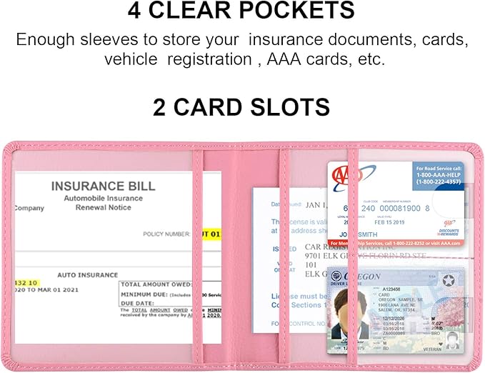 Car Registration and Insurance Holder, Car Accessories Vehicle Glove Box Car Organizer Women Wallet Case for Cards, Essential Document, Driver License by, Pink | for Cards