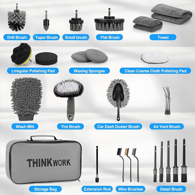 Car Detailing Kit, Car Detailing Brush Set, Car Cleaning Drill Brush Kit with Extension Pole, Professional Auto Detailing Supplies for Automobile Interior Exterior Wheels