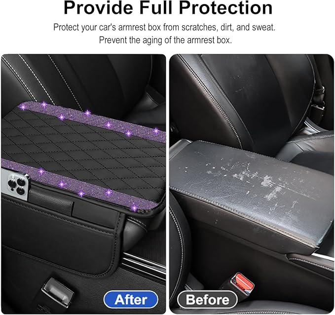 Bling Car Center Console Cover, Leather Car Arm Rest Cover Cushion with 2 Storage Bags, Universal Auto Armrest Protector Storage Box, Bling Accessories Interior for Most Vehicles (Purple)