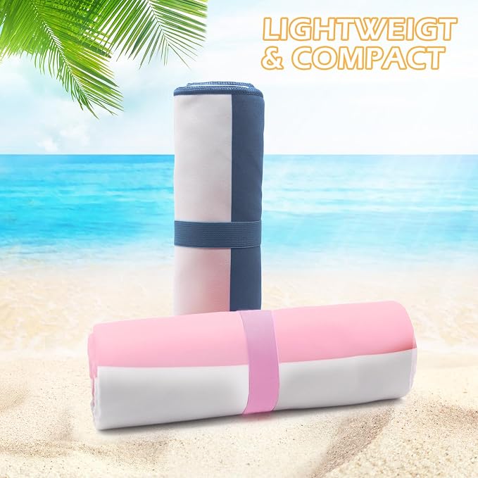 2 Pack Microfiber Beach Towel, Quick Dry Travel Towel Large Sand Free Towel for Beach, Camping, Swim Pool, Gym, Sports& Yoga 71"x32", Stripe Navy & Pink
