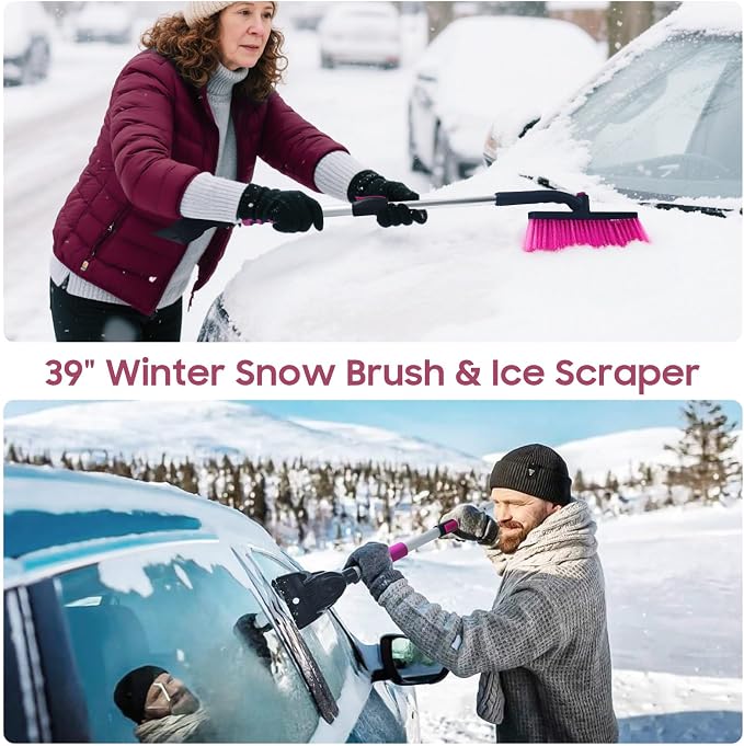 39in Car Snow Brush Ice Scraper 360° Rotating, Magenta Pink