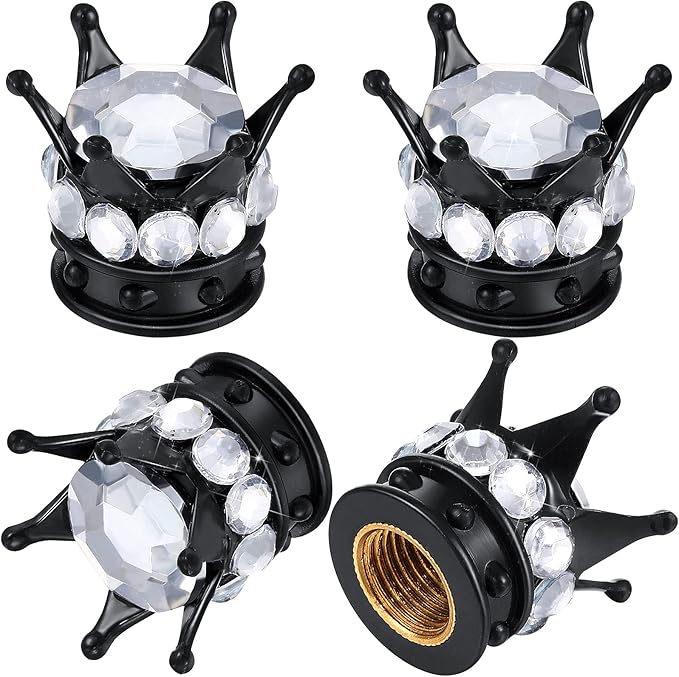 4 Pieces Crown Tire Valve Stem Caps Bling Handmade Crystal Rhinestone Universal Chrome Crown Vehicle Car Tire Caps Covers, Attractive Accessories for Car (White and Black)