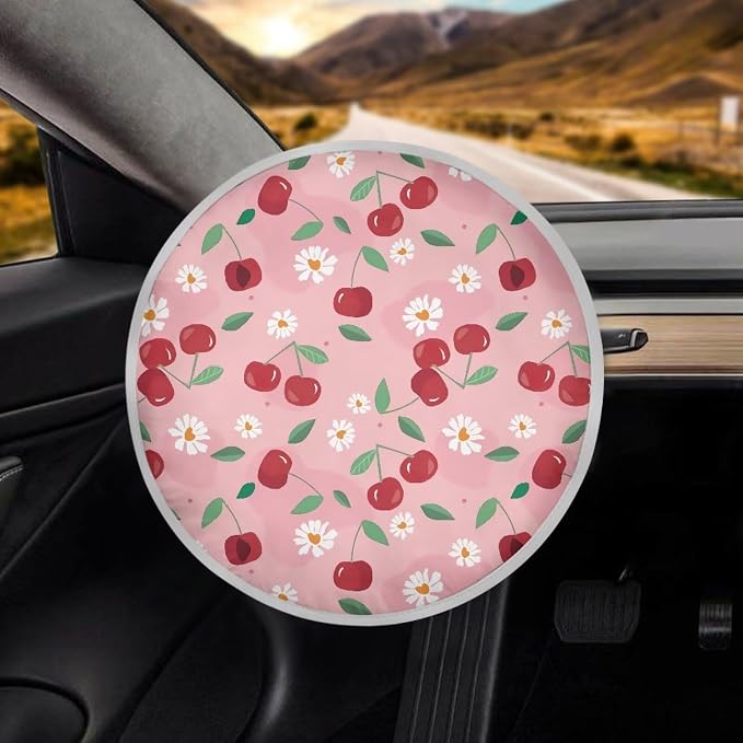 Pink Steering Wheel Sun Shade Cover,Cherry Car Accessories Cooling Steering Wheel Cover Women,Anti-Heat Steering Wheel Sun Block Cover,17 inch Universal Fit for Cars SUV Trucks Sedan