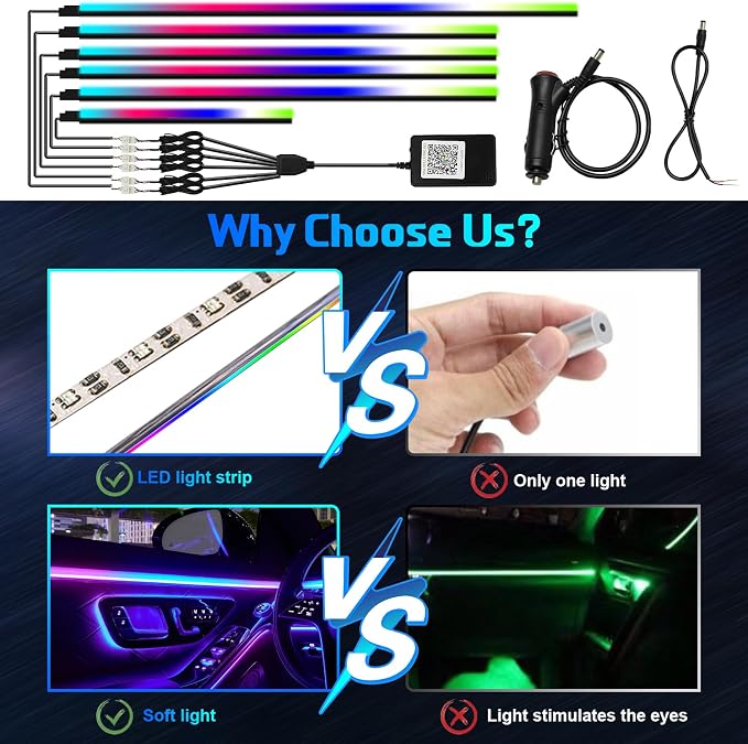 Dreamcolor Interior Car Lights, Car Accessories 6 in 1 Car LED Strip Lights with APP Control and 213 Modes, 175 inches 593 LEDs Acrylic Fiber Optic Lights, RGB Neon Light Kits