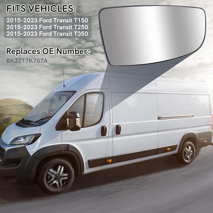 Driver Left Side Lower Mirror Glass fit Ford Transit T150 250 350 2015 2016 2017 2018 2019 2020 2021 2022 2023 MK8, Left Side View Convex Mirror Glass with Backing Plate