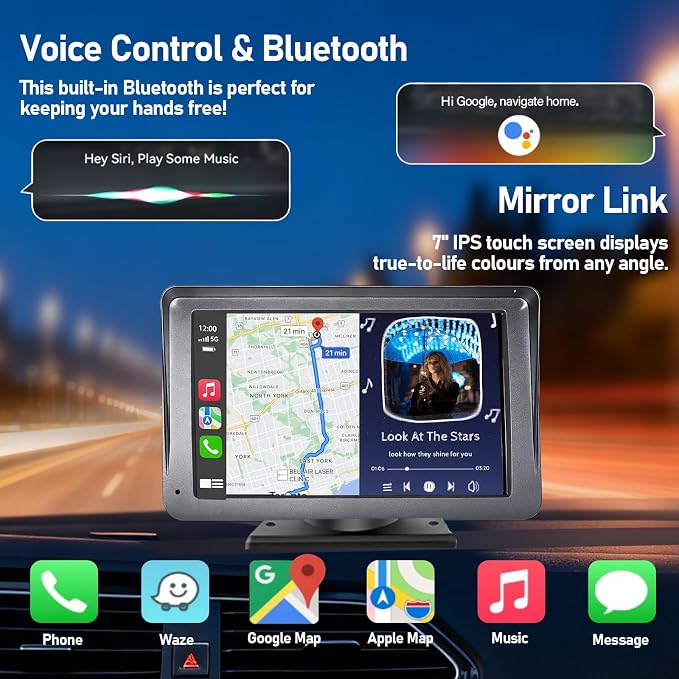 Portable Wireless Radio with Apple CarPlay and Android Auto Screen for Car, 7 Inch Anti-Glare Touchscreen Radio with Bluetooth Hands-Free/Navigation/Voice Control/AHD Backup Camera, for All Vehicles