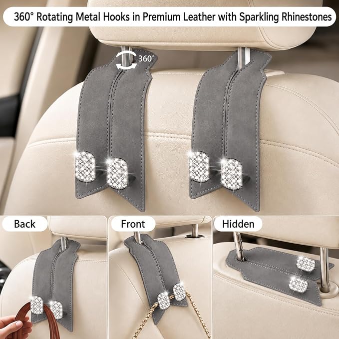 2Pcs Bling Car Headrest Hooks, Premium Leather & Sparkling Rhinestone Dual Metal Hooks, Back Seat Organizer for Bags, Coats, Purses and Groceries (Crystal Gray)