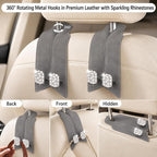 2Pcs Bling Car Headrest Hooks, Premium Leather & Sparkling Rhinestone Dual Metal Hooks, Back Seat Organizer for Bags, Coats, Purses and Groceries (Crystal Gray)