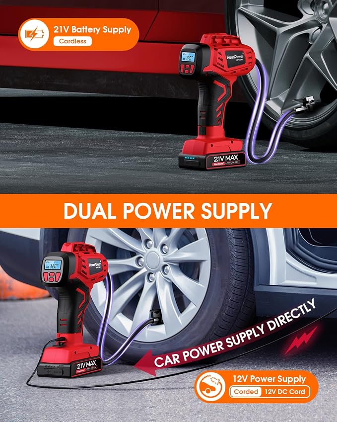Digital Cordless Tire Inflator Portable Air Compressor Automatic 160PSI w/Gauge Screen & 4+N Smart Mode & Dual Power Supply, Rechargeable 21V Battery Powered Handheld Air Pump, Car Tire Pump