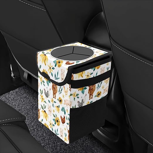 Car Trash Can with Lid Boho Floral Highland Cow Pig Collapsible Reusable Leak-Proof Auto Garage Bag,Hanging Vehicle Car Accessories Interior Car Organizer