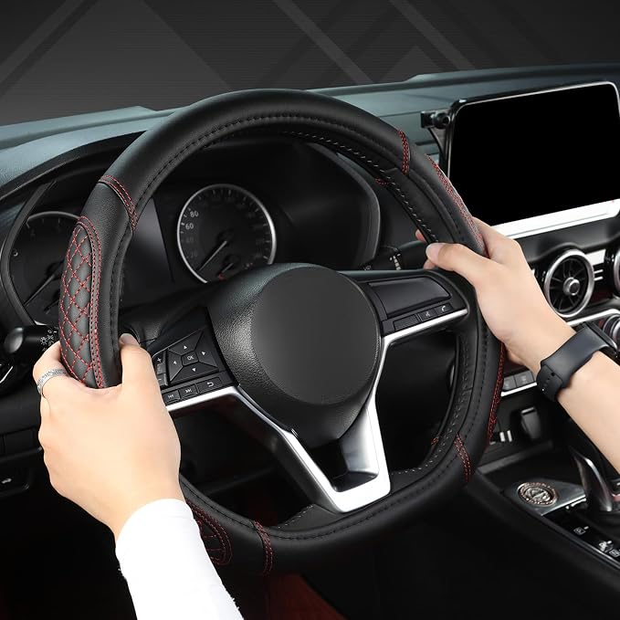 Flat Bottom Car Steering Wheel Cover for Nissan,D Shaped Steering Wheel Cover for Rogue,Altima,Kicks (Diamond Quilted-Black+Red-Standard Size)