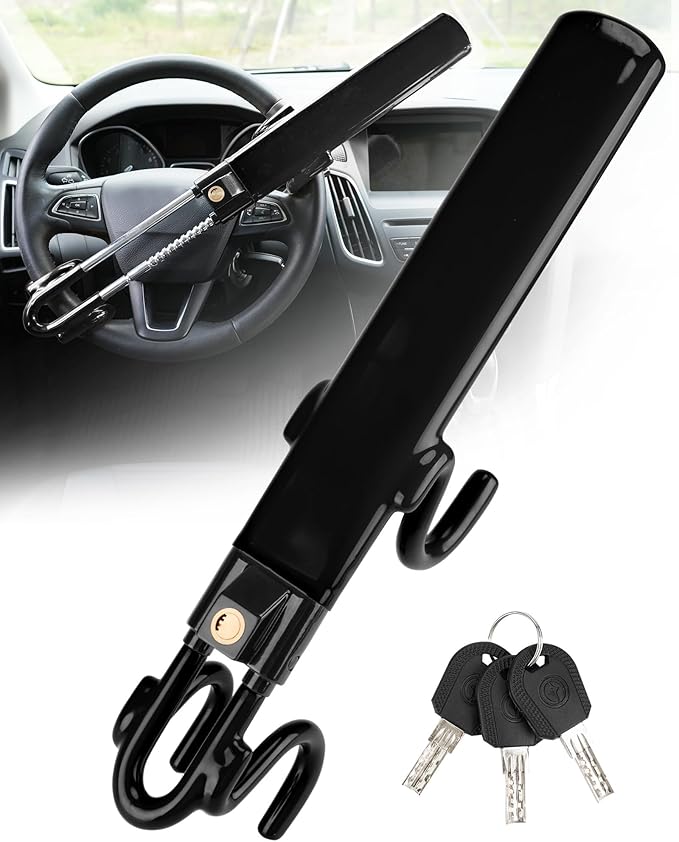 Steering Wheel Lock Anti-Theft Car Device Heavy Duty Security Car Lock Antitheft Locking Devices Great Deterrent Adjustable Car Wheel Lock Anti Theft for Vehicle Truck with 3 Keys(Black)
