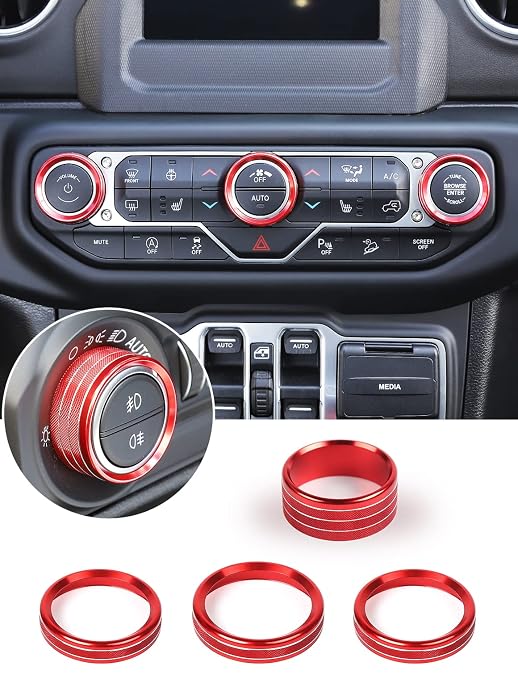 Climate Control Panel Knob Trim Kit & Light Control Switch Cover, Air Conditioner Knob Aluminum Alloy Ring for 2018-2024 Jeep Wrangler JL JLU & Gladiator JT, Interior Accessories, Red