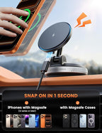 15W for MagSafe Car Mount Charger - [70 LBS Strongest Suction] Magnetic Wireless Car Charger, Suction Cup Phone Mount, Vacuum Magnetic Phone Holder Car Mount for iPhone 17 Pro Max 16 Silver