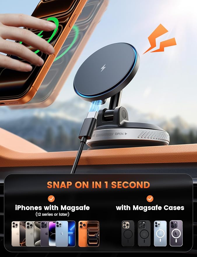 15W for MagSafe Car Mount Charger - [70 LBS Strongest Suction] Magnetic Wireless Car Charger, Suction Cup Phone Mount, Vacuum Magnetic Phone Holder Car Mount for iPhone 17 Pro Max 16 Silver