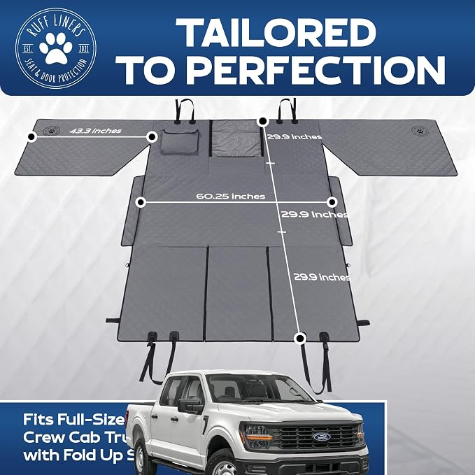 XL Floor Cover with Door Protection, Gray – As Seen on Shark Tank – Fits Full‑Size Crew Cab Trucks with Fold‑Up Seats, Waterproof & Machine Washable – Sturdy XL Dog Hammock for Truck
