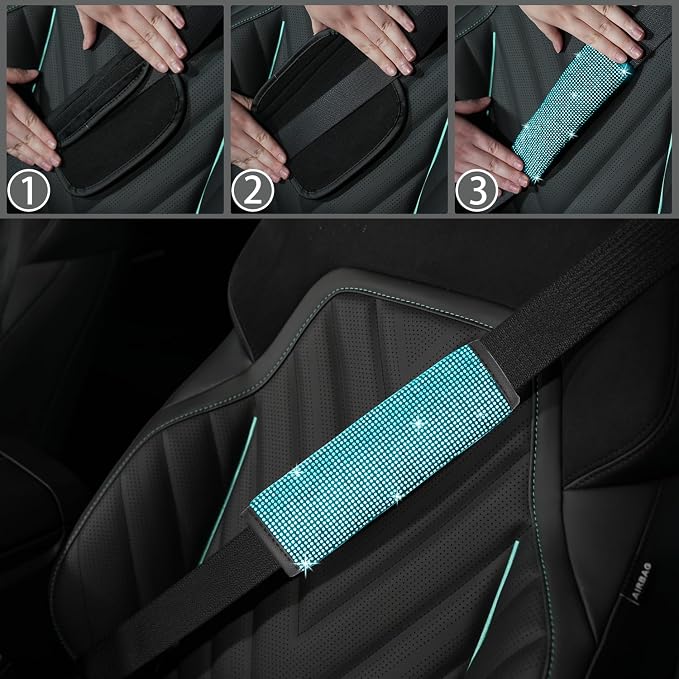 8 pcs Bling Car Accessories Set for Women, Steering Wheel Cover, Sparkly Seat Belt Covers, Bling Gear Shift Cover, Universal Fit Most Cars (Aquamarine Diamond)