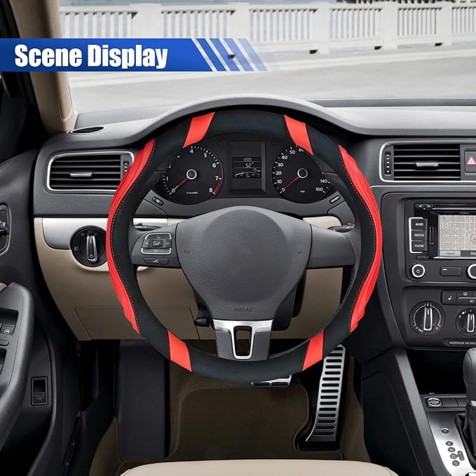 Car Steering Wheel Cover, 15 Inch Leather Anti-Slip Breathable Automotive Steering Wheel Protector, Universal Heat Resistant Vehicle Interior Accessories Cars, SUVs, Trucks(Red)