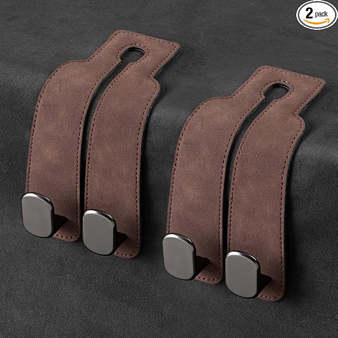 2 Pack Brown Leather Car Headrest Hooks Purse Bag Storage Holders for Car Seats