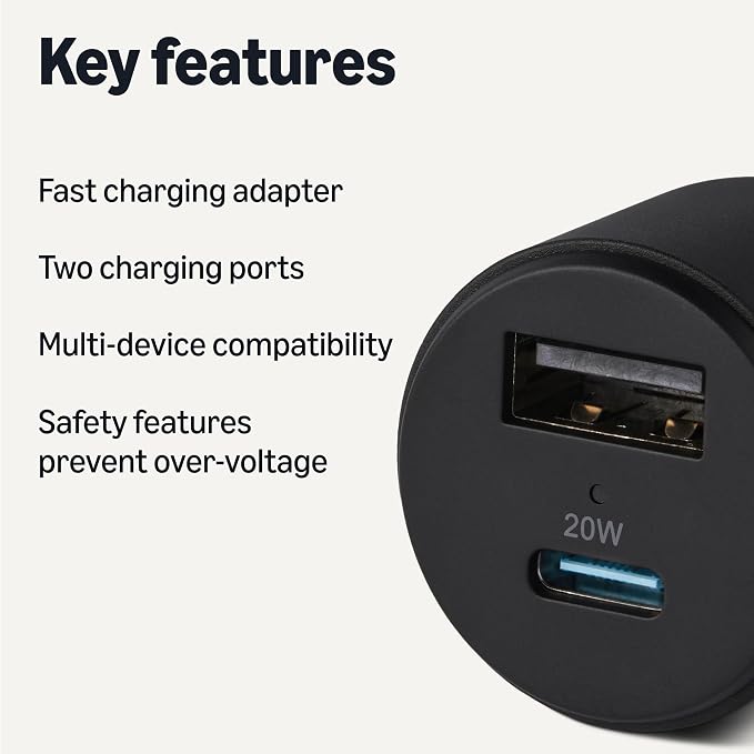 Fast-Charging Car Charger, Dual-Port, 1 USB-C + 1 USB-A, 32W, Multi-Device Compatibility, Safety Features, Black