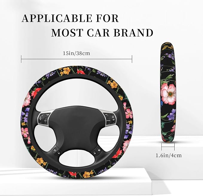 Colorful Floral Flowers Steering Wheel Cover, Elastic Non-Slip Steering Wheel Protector,Auto Interior Decor for Women Girls,Universal 15" Fit for Sedans,Trucks