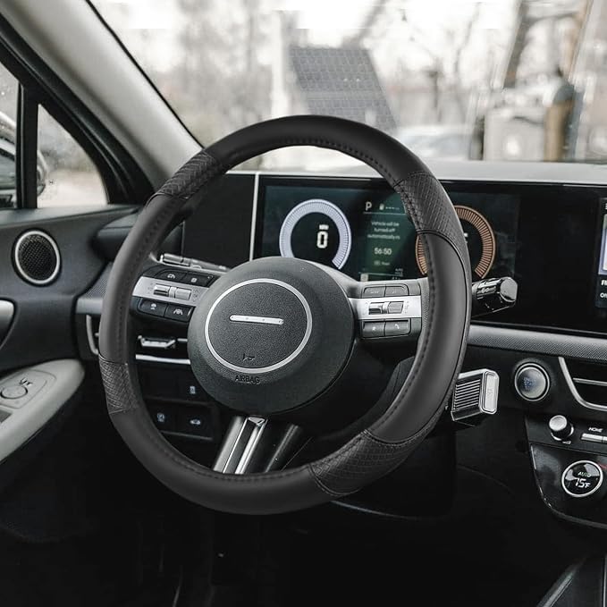 Auto Car Steering Wheel Cover for Hyundai,Tucson,Sonata,Elantra,Santa Fe,Genesis,Sonata Hybrid,Azera,Venue,Kona, 14.5-15 inches(Black-Standard Size)