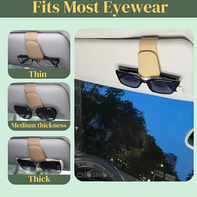 CHOSMOYI Magnetic Leather Sunglass Holder for Car, Sunglasses Clip for Car Visor, Auto Interior Accessories Universal for Different Size Eyeglasses (Beige)