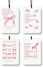 Pink Christian Car Air Freshener 4 Pcs, Coquette Bow Inspirational Religious Hanging Air Freshener for Cars Closet Drawer Books, Girly Christian Car Accessories Mirror Decor for Women