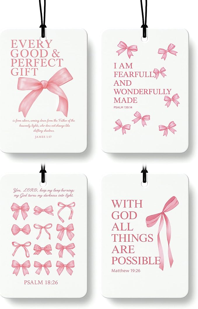 Pink Christian Car Air Freshener 4 Pcs, Coquette Bow Inspirational Religious Hanging Air Freshener for Cars Closet Drawer Books, Girly Christian Car Accessories Mirror Decor for Women