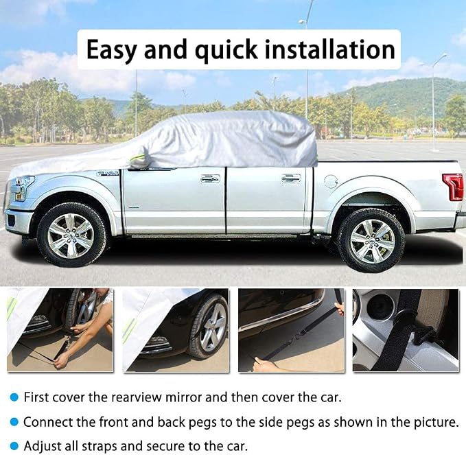 Half Car Cover Windshield Cover Car Body Cover for All Season Sunshade Cover Snow Cover Waterproof 210D Polyester with Cotton (Fit Small and Medium Size Pickup (Crew Cab))
