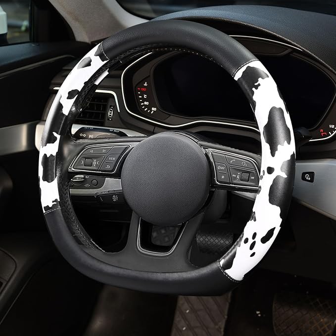 Cow Print Steering Wheel Cover, D Shaped Car Wheel Cover Microfiber Leather 14 1/2-15 in (37-39 cm)