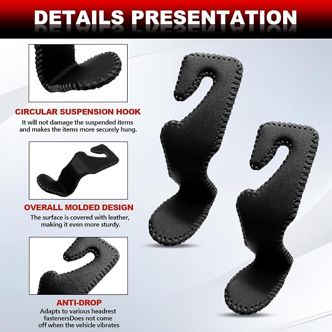 Automotive Universal 2PCS Leather Headrest Hooks, for Car Keep Purses Bags Coats and Groceries Secure Universal Fit for Most Vehicles, Black