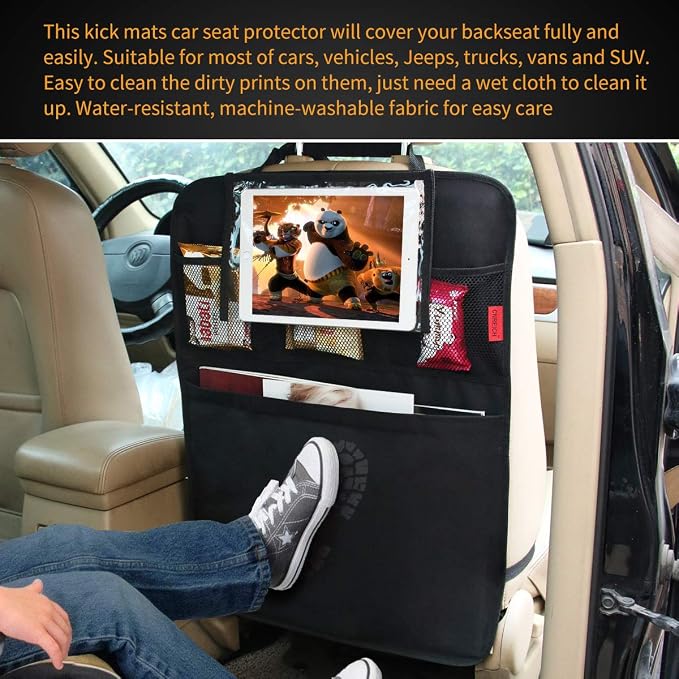 Car Backseat Organizer Premium Quality Car Kick Mats with 10" Tablet Holder - Extra Large Pocket- Sturdy Top 2Pack